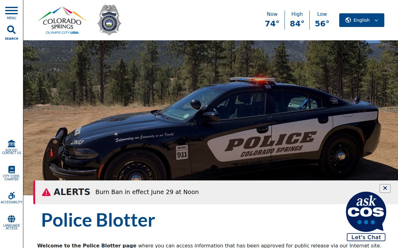 Colorado Springs Police Department arrest blotter records interface