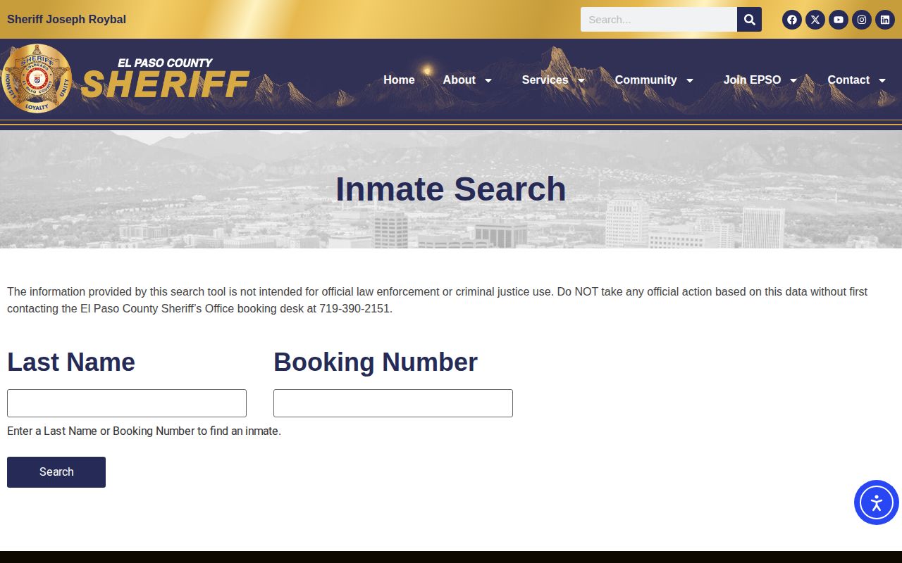 El Paso County Jail roster search form for current booking records