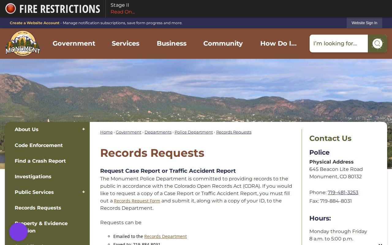 Monument Police arrest records request page for El Paso County records